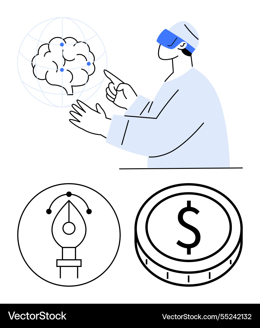 Person exploring virtual brain model with vr vector image