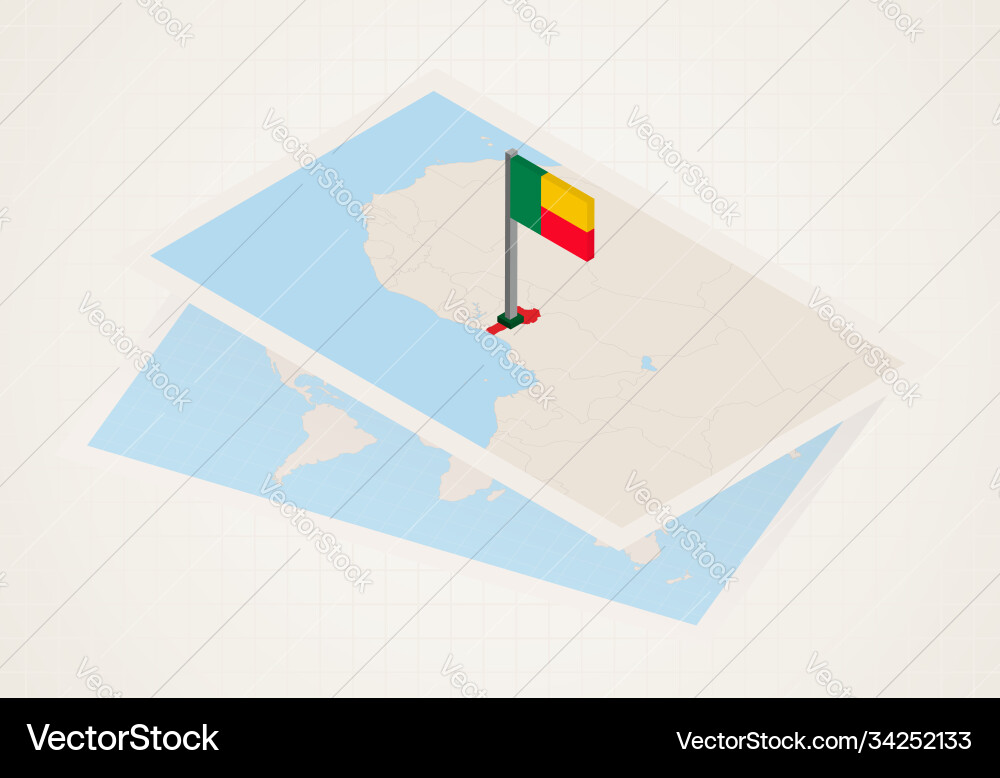 Benin selected on map with 3d flag vector image