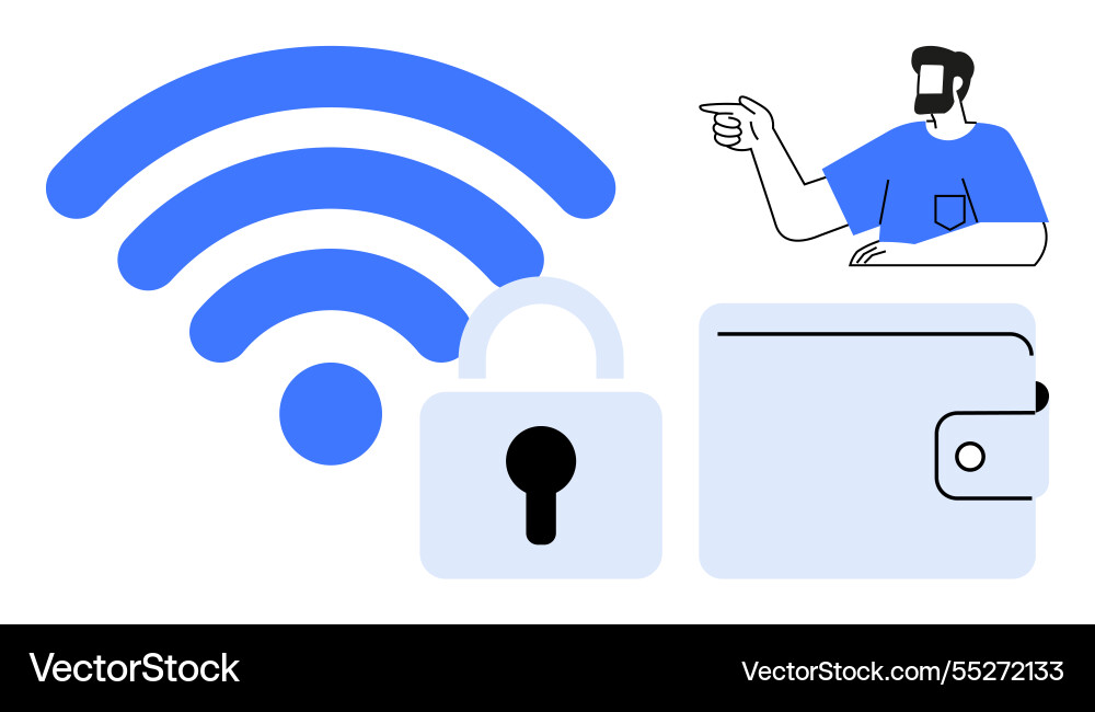 Secure wireless wallet man pointing towards Vector Image