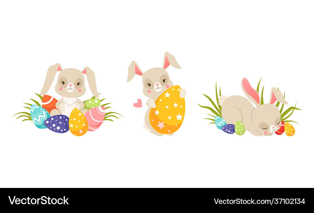 Cute easter bunny sitting and sleeping in grass Cute easter bunny sitting and sleeping in grass vector image