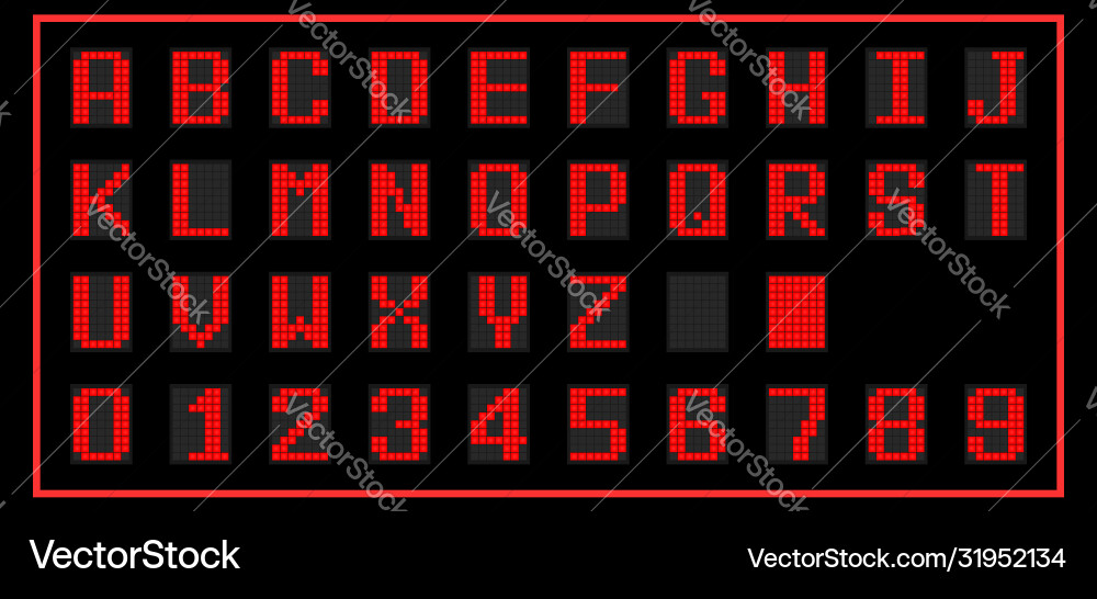 Red color led digital font on black background Red color led digital font on black background vector image