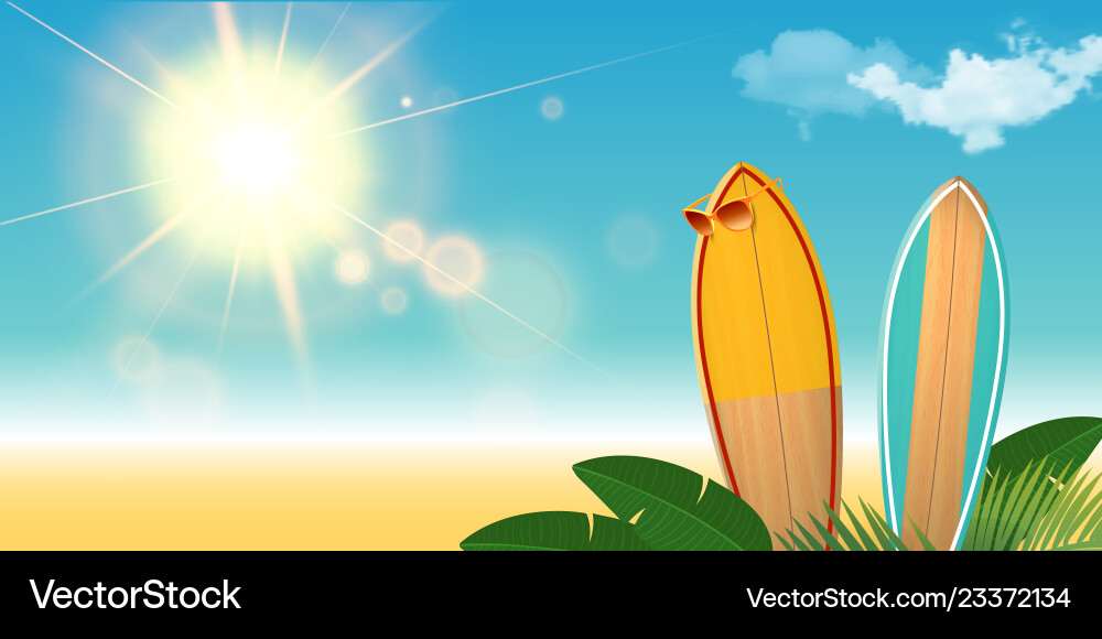 Two surfboards with sunglasses on the beach Two surfboards with sunglasses on the beach vector image