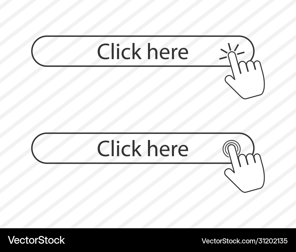 Click here in linear style and hands clicking Click here in linear style and hands clicking vector image
