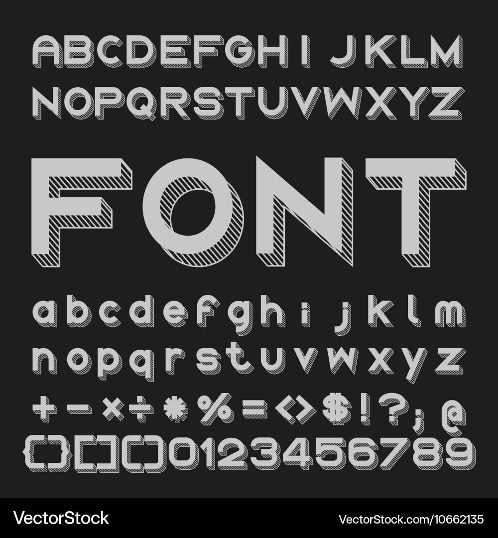 Graphic font with shadows alphabet and numbers vector image