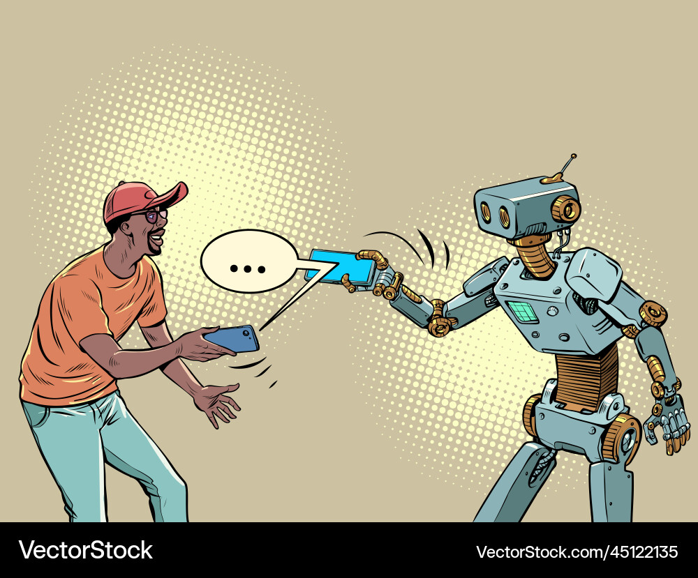 Man and robot communicate in a messenger Man and robot communicate in a messenger vector image