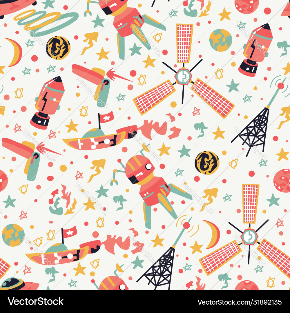 Seamless background with spaceships and stars Vector Image