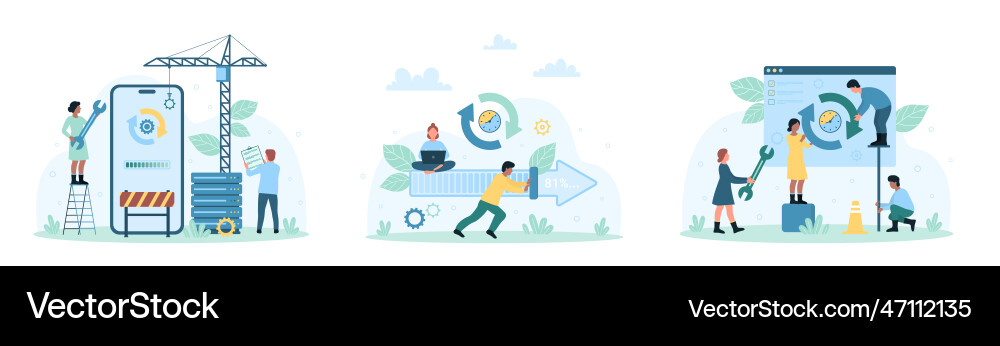 Software update set tiny people upgrade mobile Software update set tiny people upgrade mobile vector image