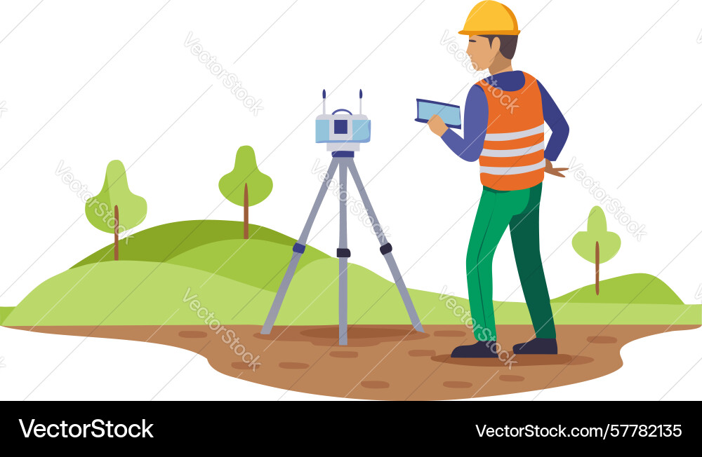 Surveyor with total station symbolizing precision Vector Image