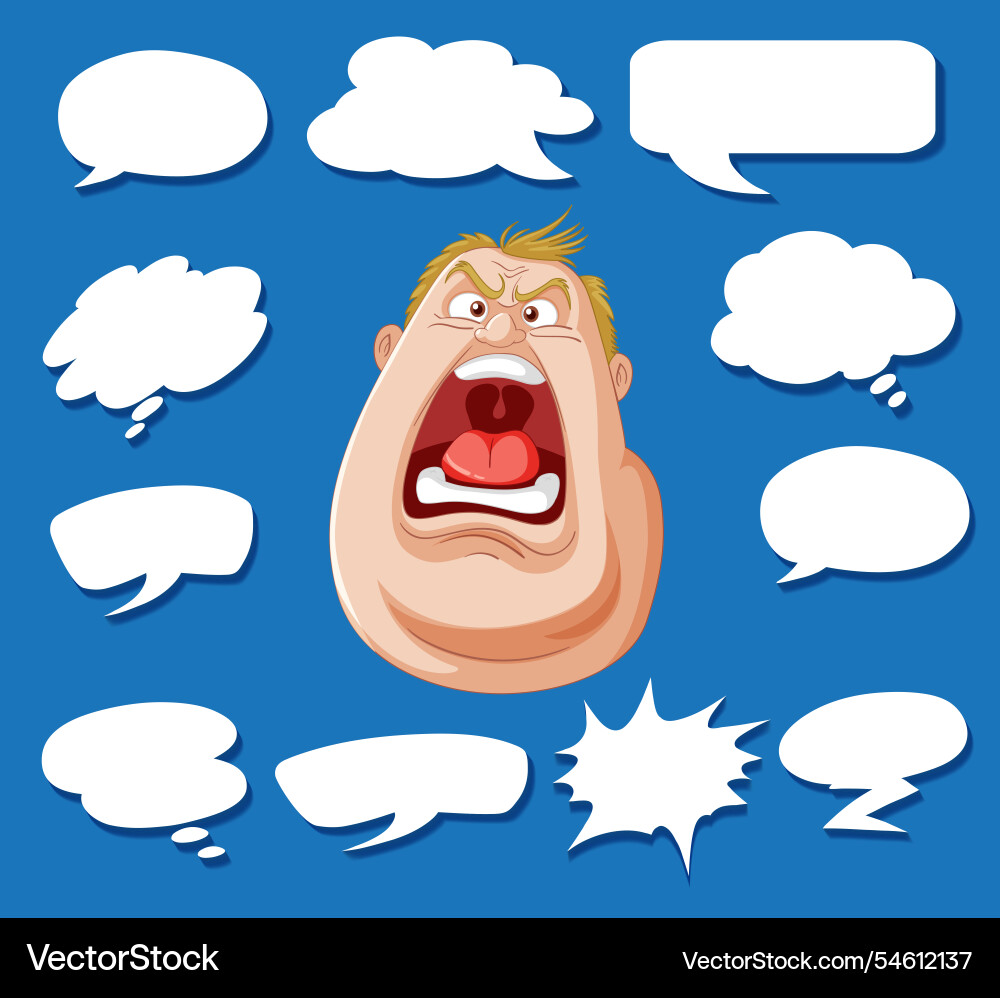 Animated character surrounded by various speech Vector Image