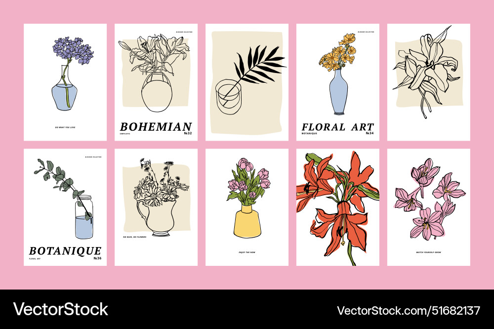 Set of ink floral posters with different flowers Set of ink floral posters with different flowers vector image