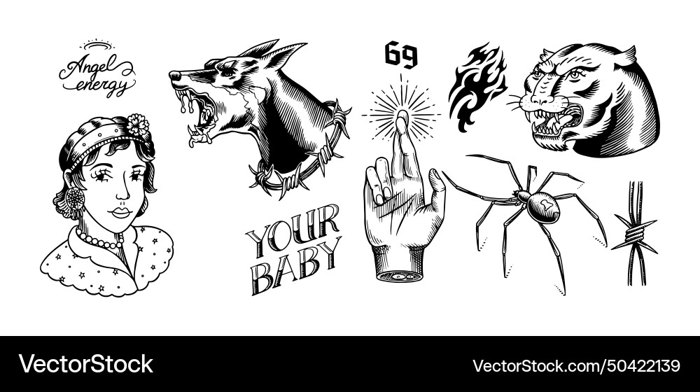 Old school tattoo stickers set hope gesture Old school tattoo stickers set hope gesture vector image
