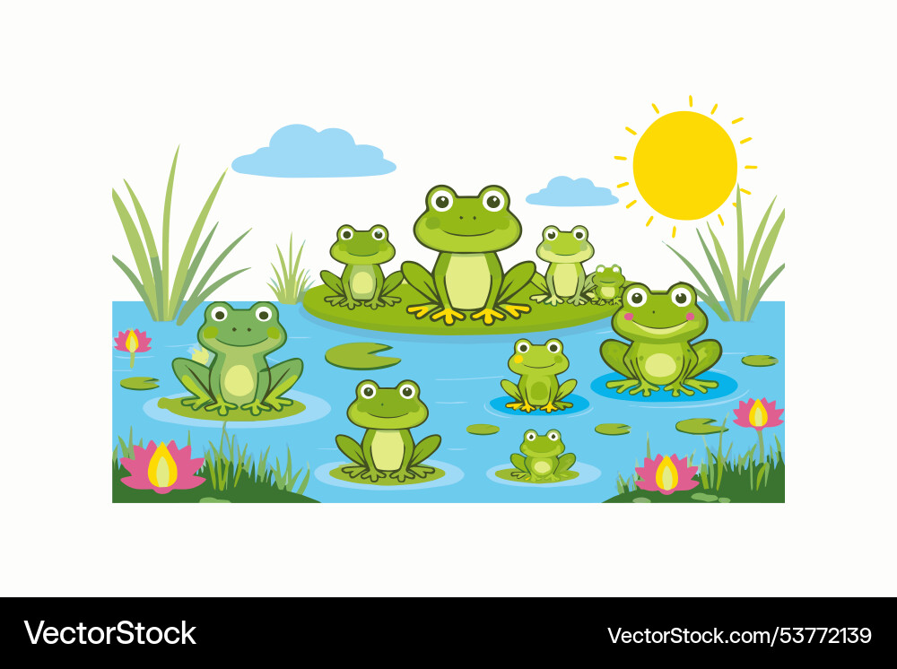 Set of playful frogs in a pond setting Set of playful frogs in a pond setting Vector Image