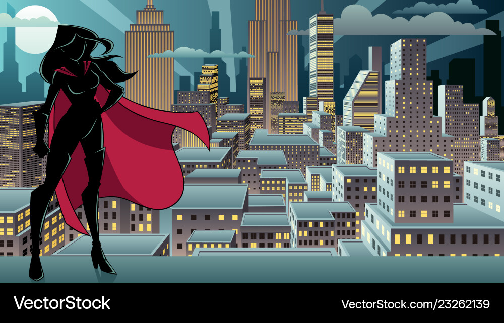 Superheroine Stehende Nacht Stadt Silhouette Superheroine Stehende Nacht Stadt Silhouette vektorbild