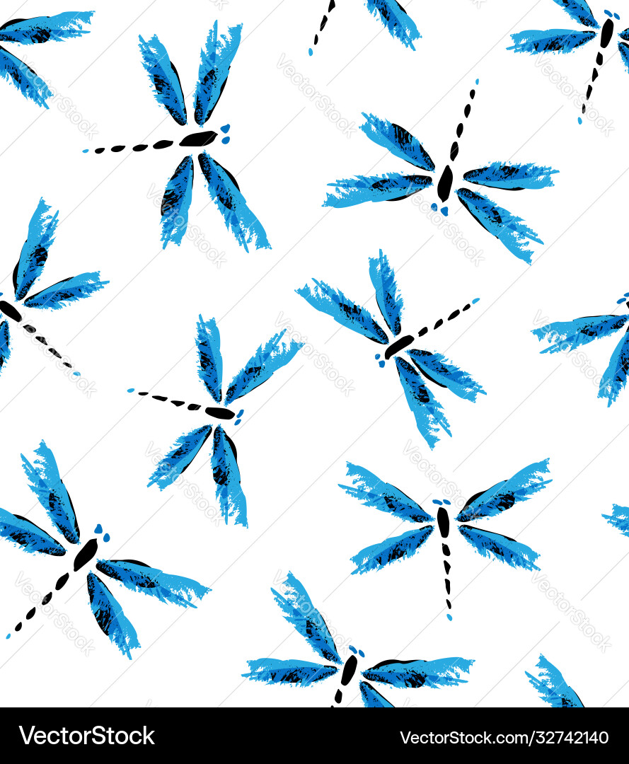 Blue ink dragonflies seamless pattern hand drawn Blue ink dragonflies seamless pattern hand drawn vector image