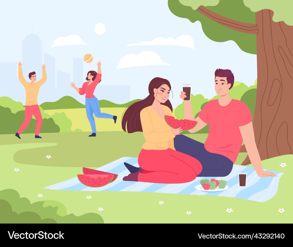 Glückliche Freunde essen zusammen im Park Glückliche Freunde essen zusammen im Park vektorbild