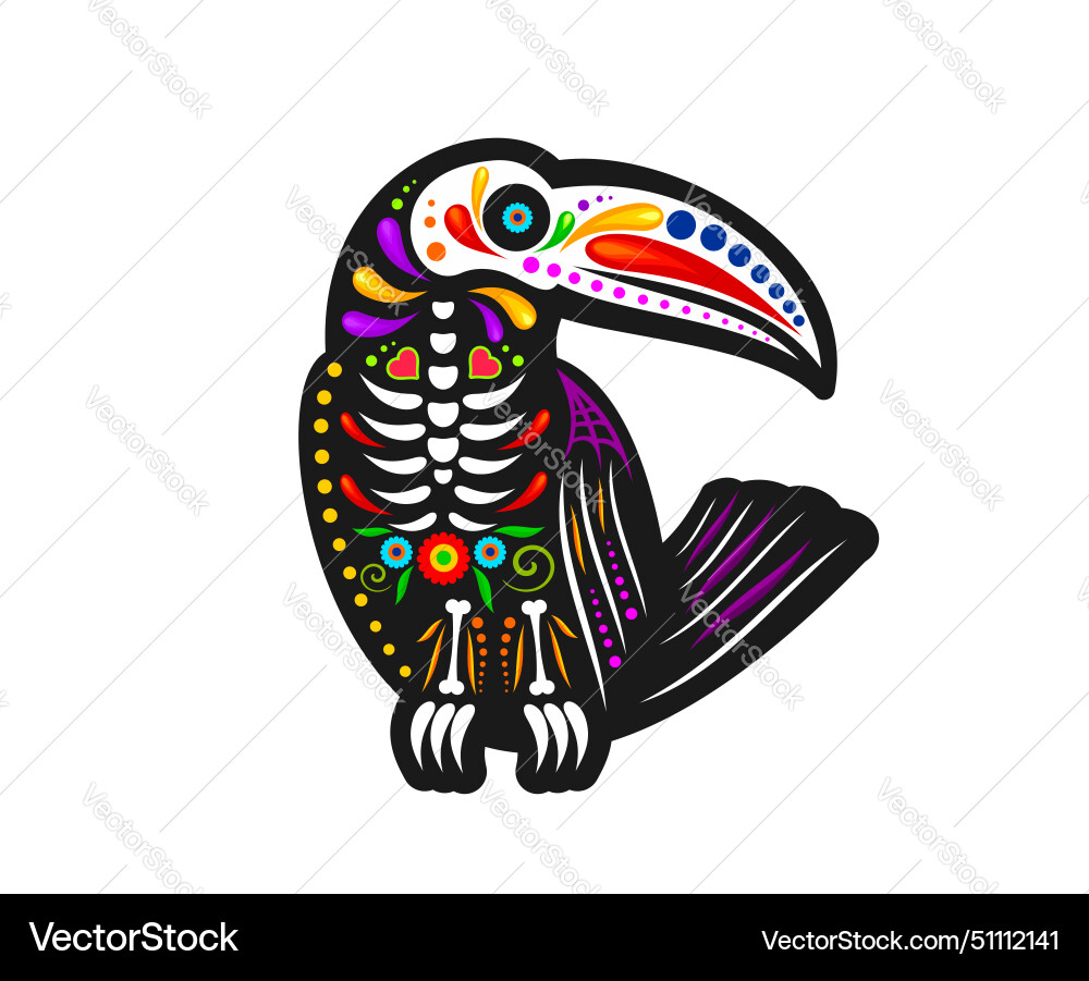 Mexikanischer Tag des toten Toucanischen Vogels mit Totenkopf Tattoo Mexikanischer Tag des toten Toucanischen Vogels mit Totenkopf Tattoo Vektorbild