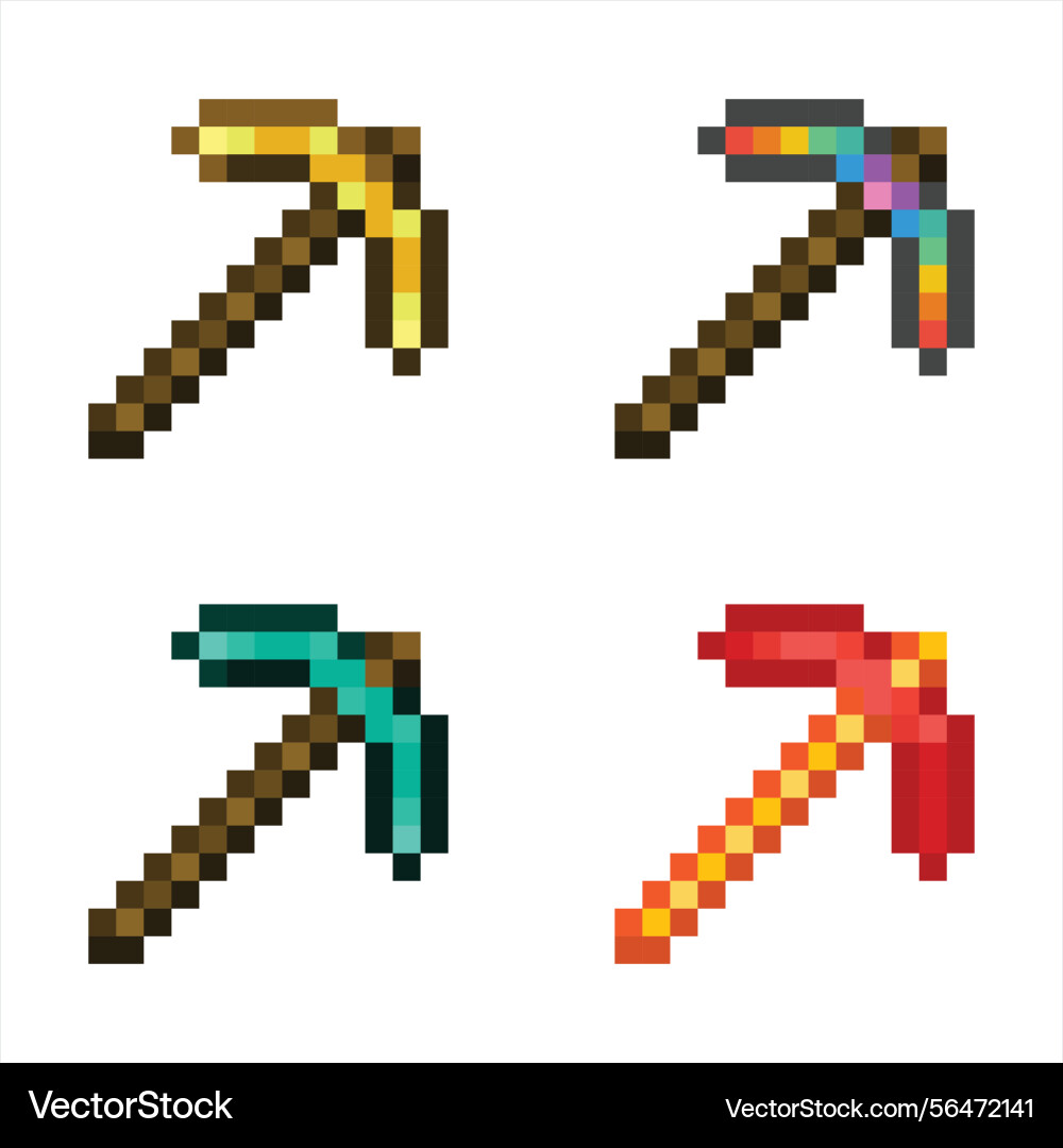 Pixel pickaxe set in various colors and styles vector image