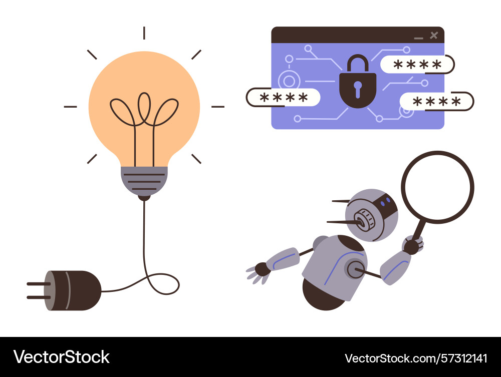 Robot inspecting cybersecurity with lightbulb Robot inspecting cybersecurity with lightbulb vector image