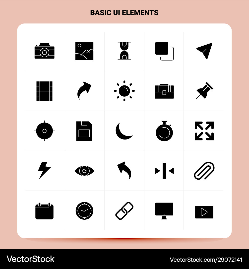 Solid 25 basic ui elements icon set glyph style Solid 25 basic ui elements icon set glyph style vector image