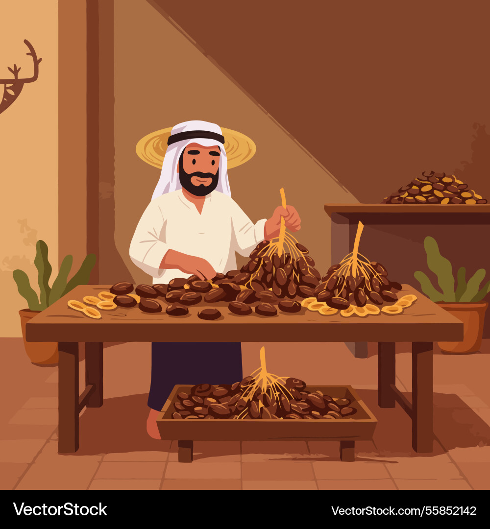 Man sorting fresh harvested dates in traditional Man sorting fresh harvested dates in traditional Vector Image