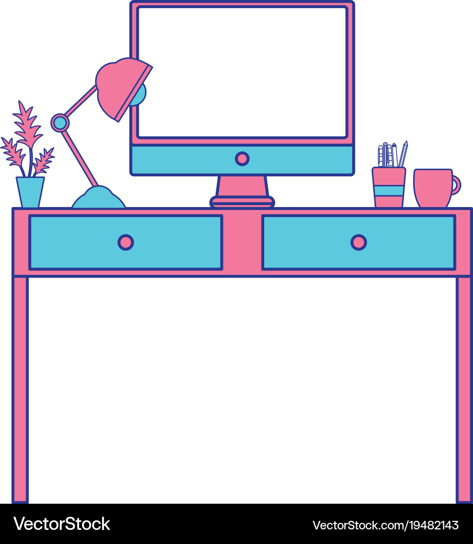 Full color office desk with lamp and computer Vector Image