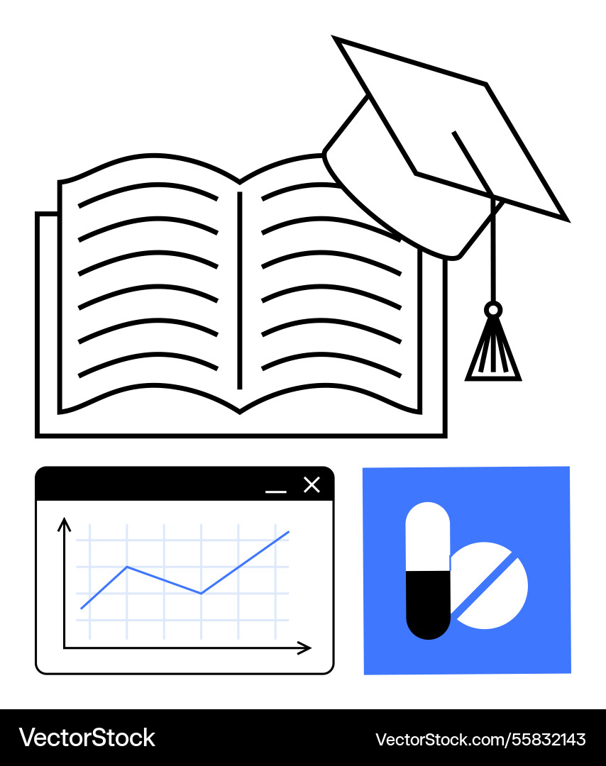 Open book with mortarboard graph on screen vector image