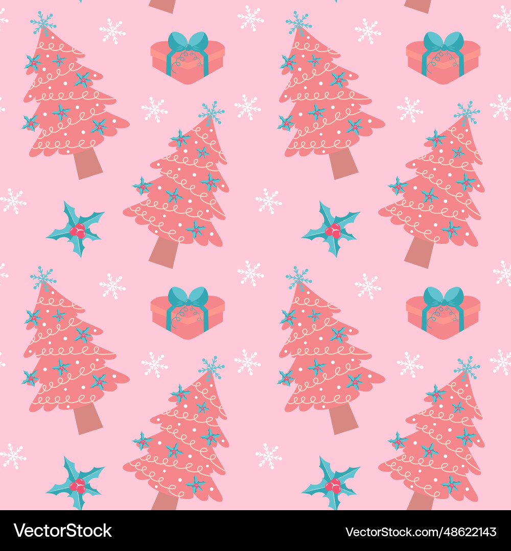 Pink christmas tree gift holly berry leaves Pink christmas tree gift holly berry leaves vector image