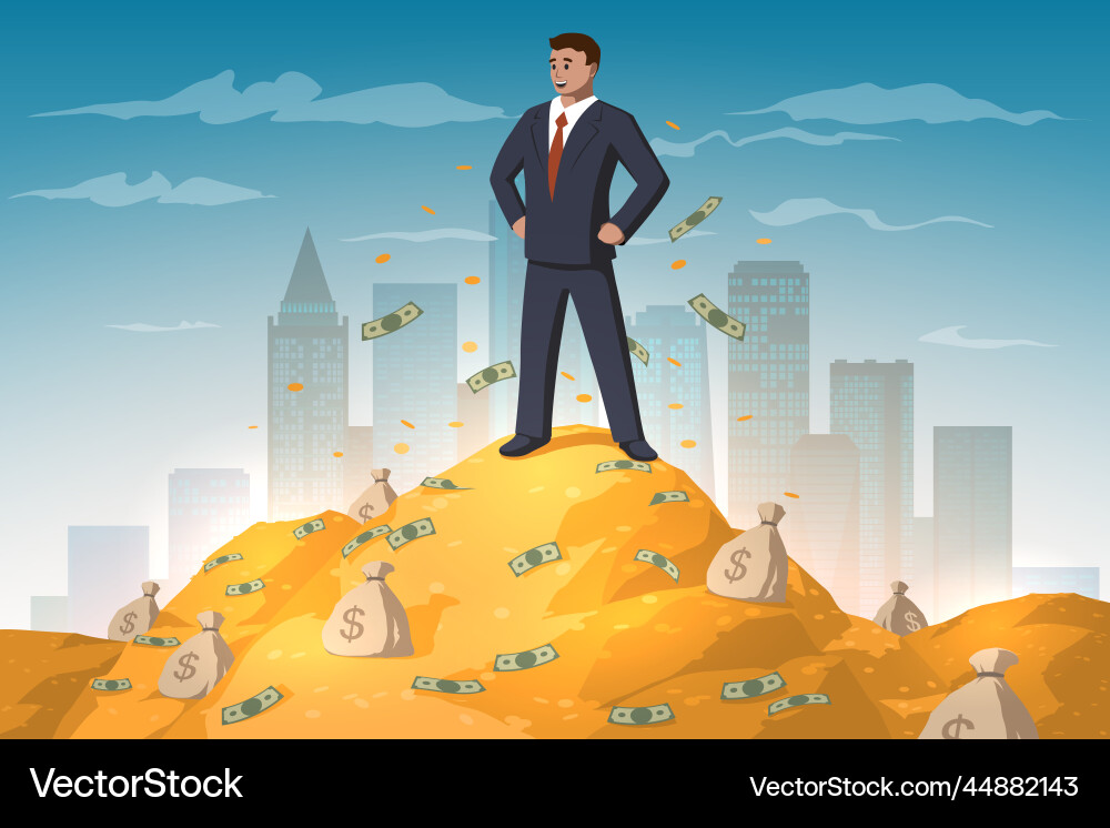 Rich businessman with gold and money mountain Rich businessman with gold and money mountain vector image