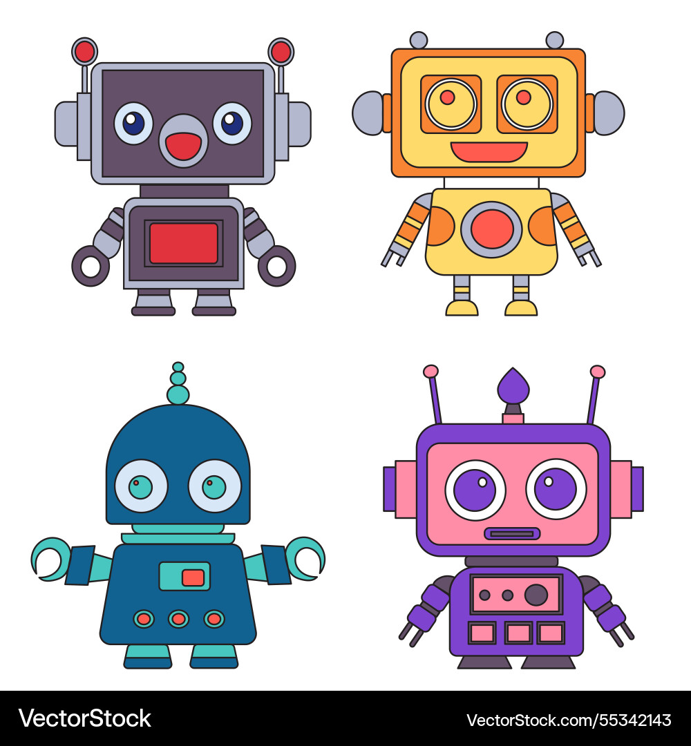 Robots androids in doodle style set on white vector image
