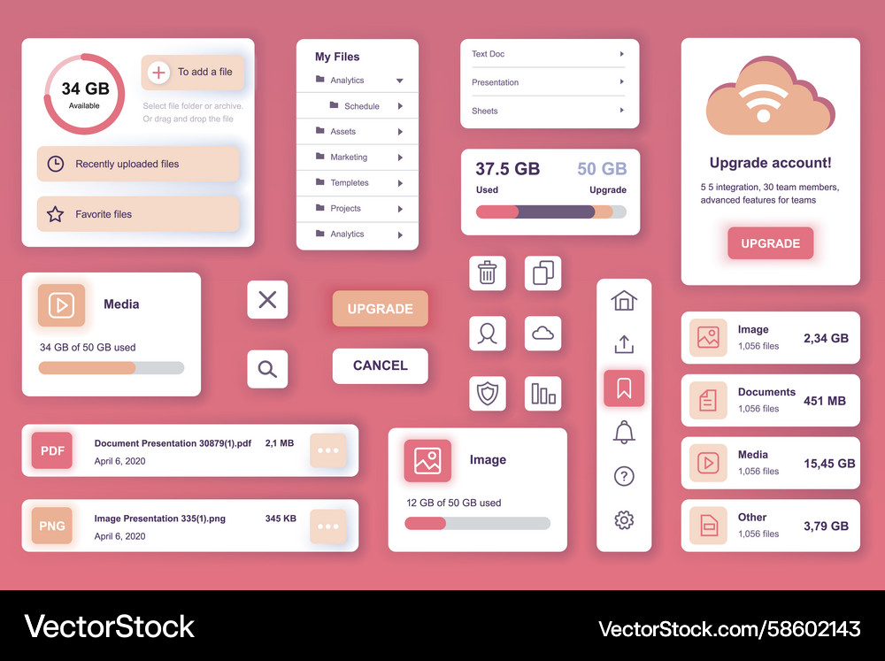 User interface elements set for cloud storage Vector Image