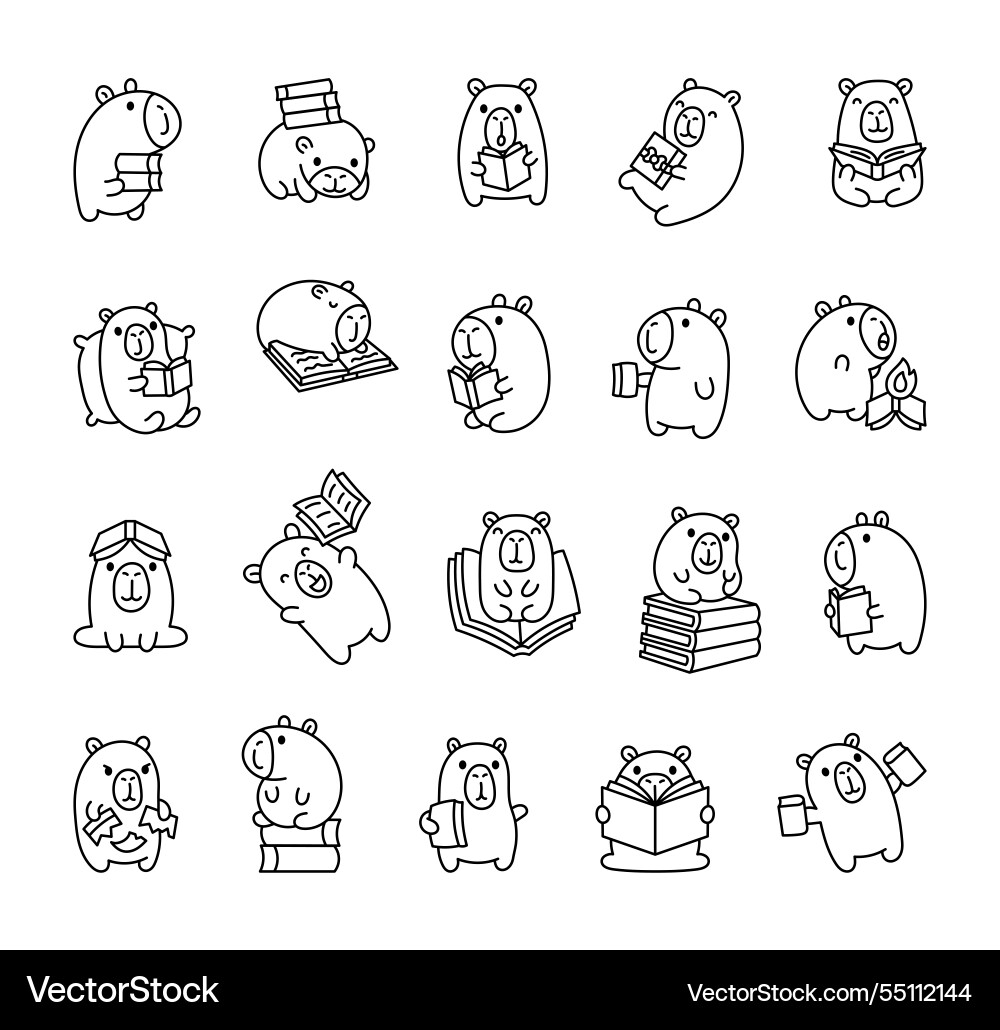 Capybara characters set with books Capybara characters set with books vector image