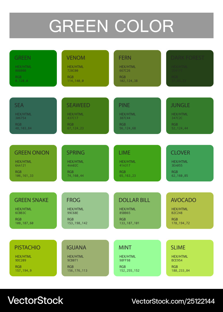 Green color codes and names selection colors Vector Image