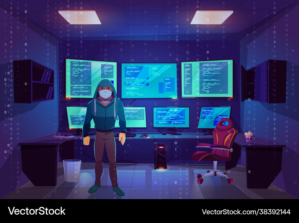 Hacker in server room multiple computer monitors Hacker in server room multiple computer monitors vector image