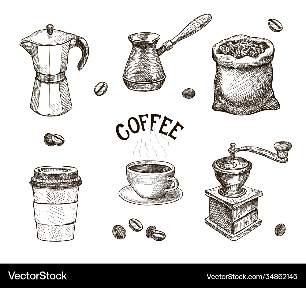Hand drawn coffee set mill beans sketch Hand drawn coffee set mill beans sketch vector image