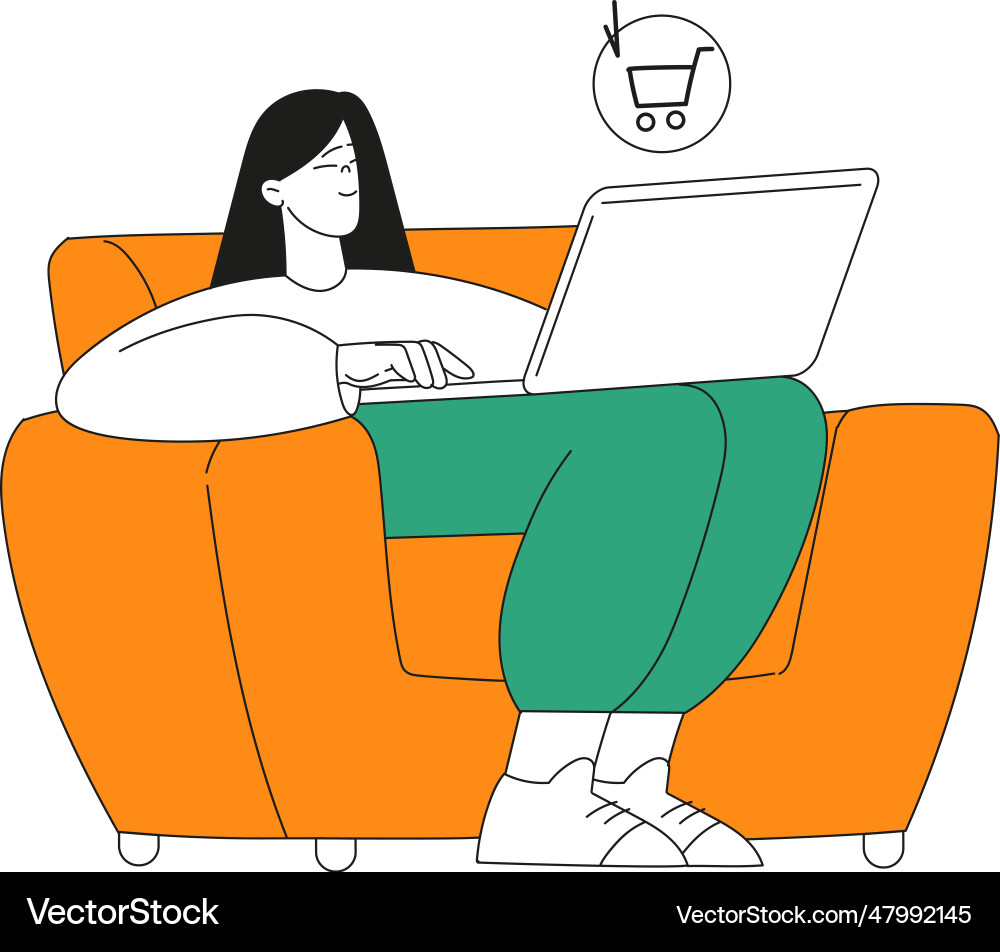 Woman character sit with laptop use food delivery Woman character sit with laptop use food delivery vector image