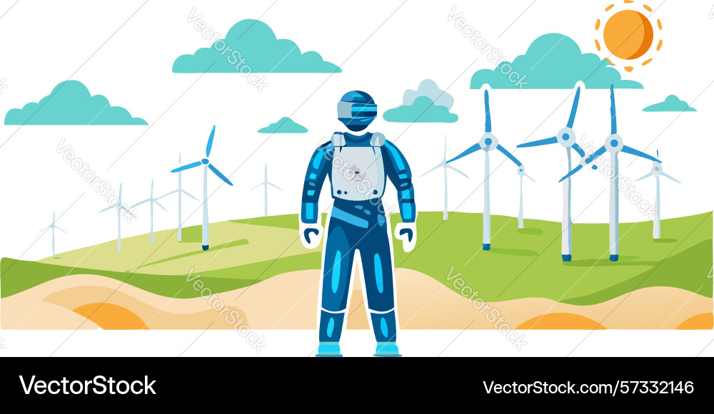 Robot in a field with wind turbines renewable Vector Image