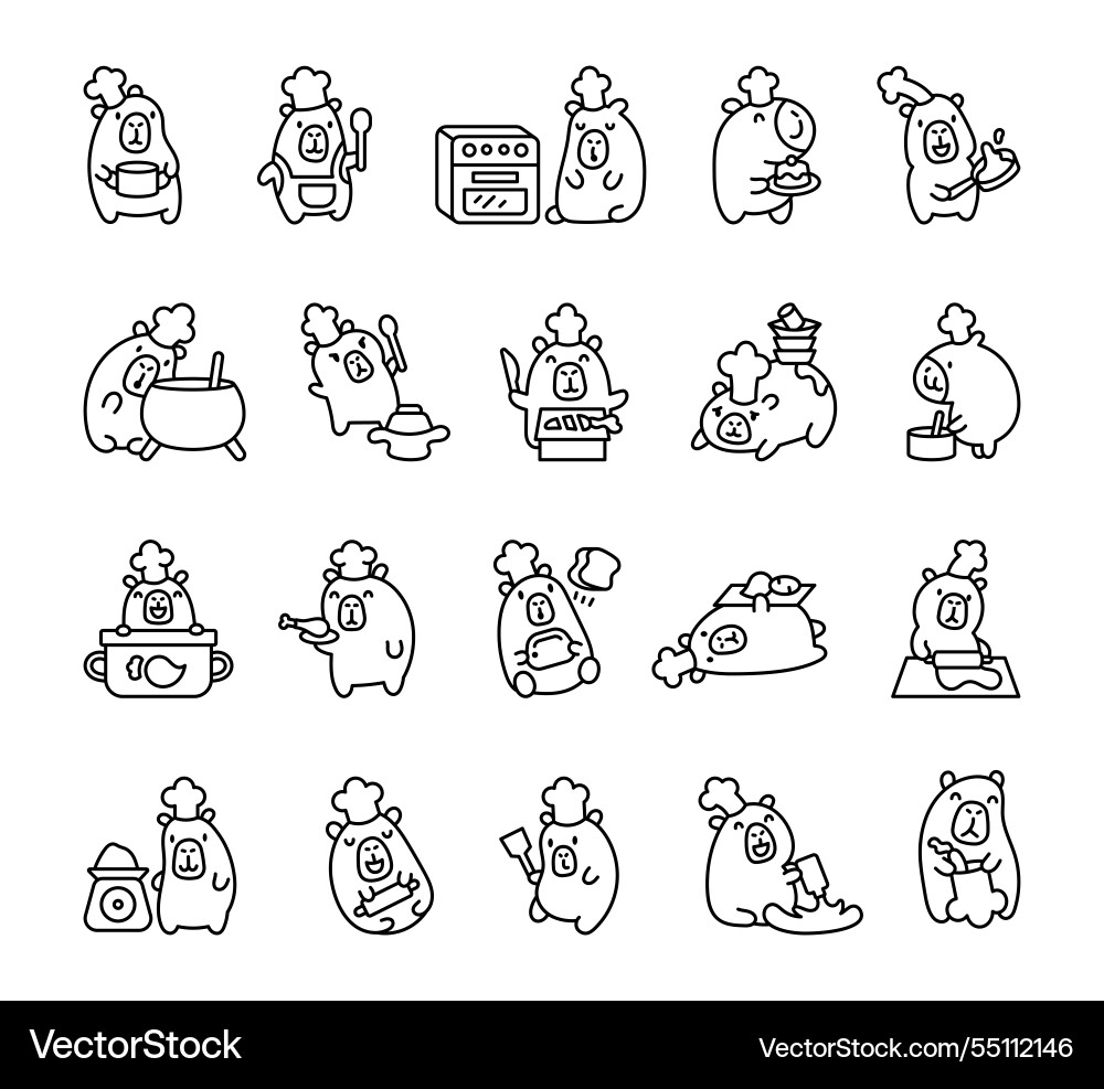 Set of capybara in chef hat with baking tools Set of capybara in chef hat with baking tools vector image