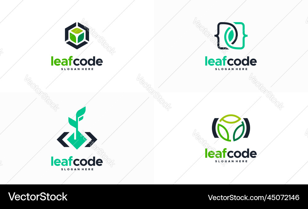 Set of green code leaf logo design programming Set of green code leaf logo design programming vector image