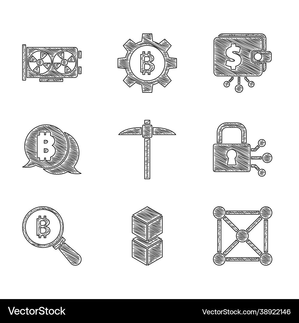 Set pickaxe blockchain technology lock Set pickaxe blockchain technology lock vector image