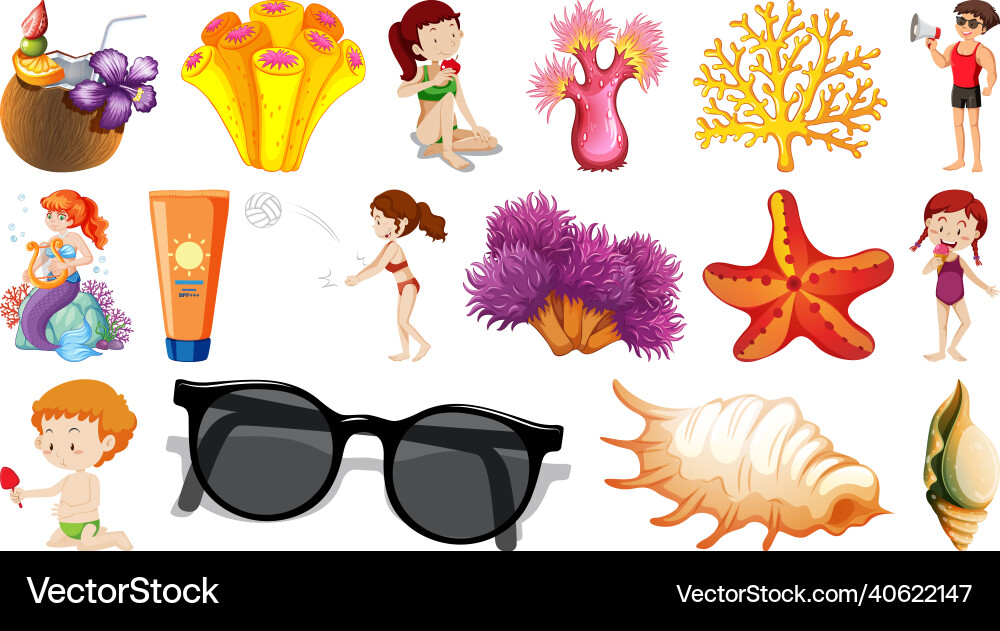 Set of summer beach objects and cartoon characters Set of summer beach objects and cartoon characters vector image