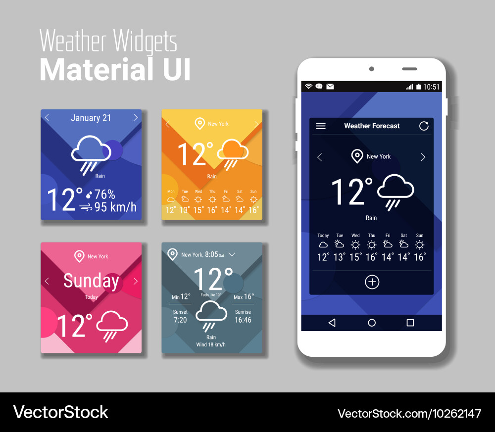 Weather widgets ui and ux material kit vector image