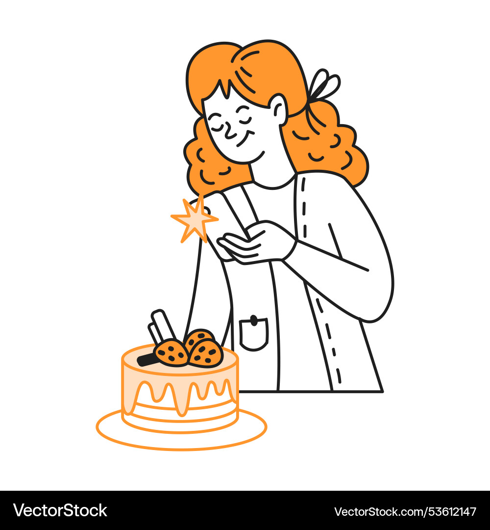 Woman taking photos of cake on smartphone line Woman taking photos of cake on smartphone line vector image