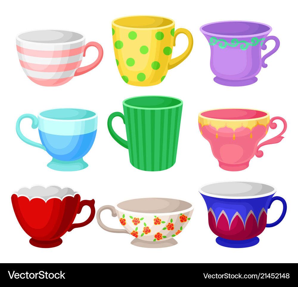 Colorful cup set different tea or coffee cups Colorful cup set different tea or coffee cups Vector Image