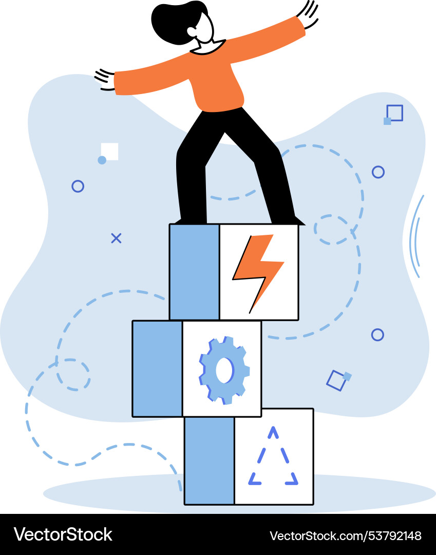 Person balancing on stack of blocks representing Person balancing on stack of blocks representing vector image