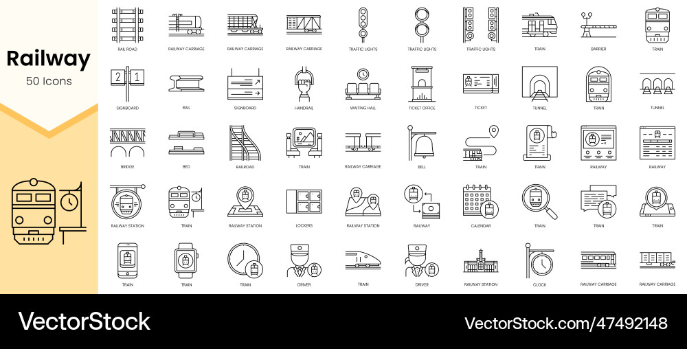 Simple outline set of railway icons linear style vector image