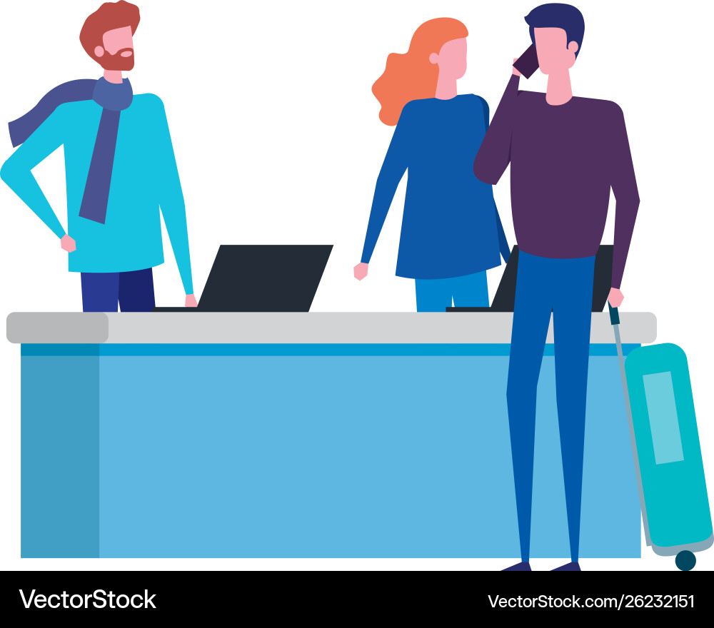 Couple working in desk with computers and man Couple working in desk with computers and man vector image