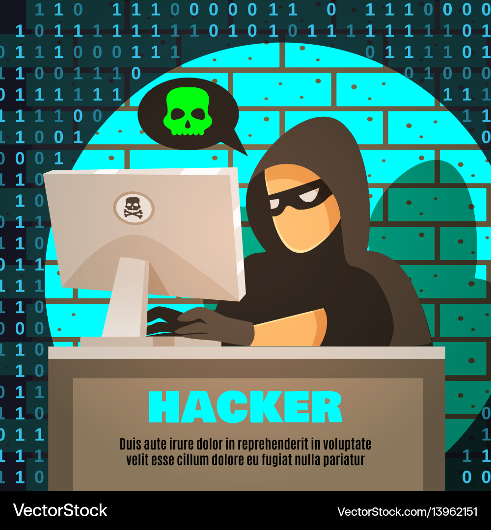 Hacker with Computer and Skull Vector Image