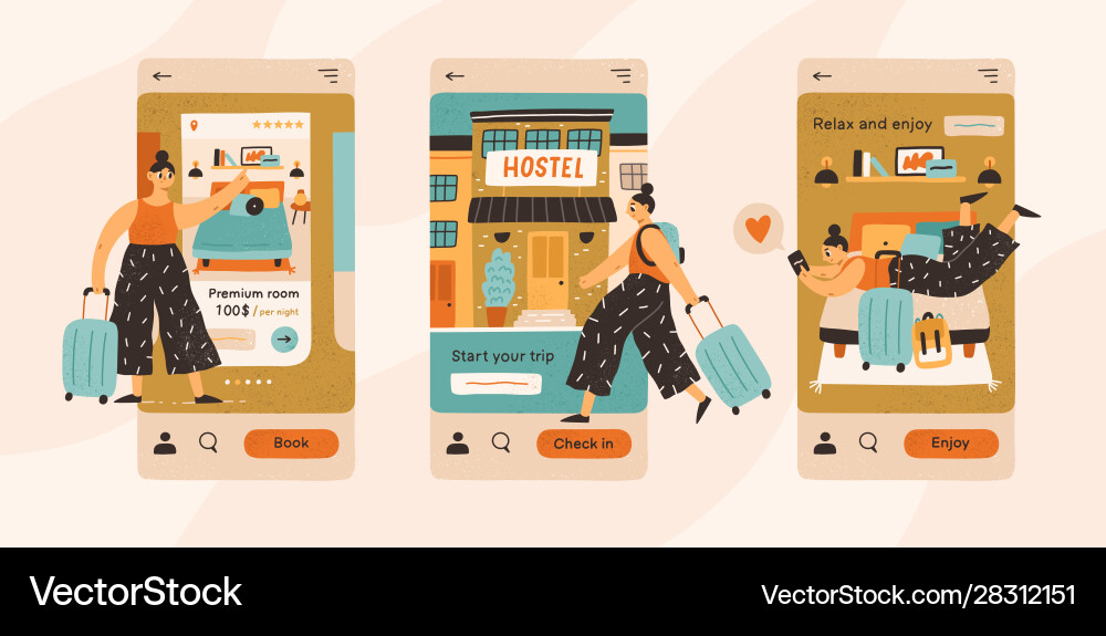 Hostel Check-In Steps - App Interface vector image