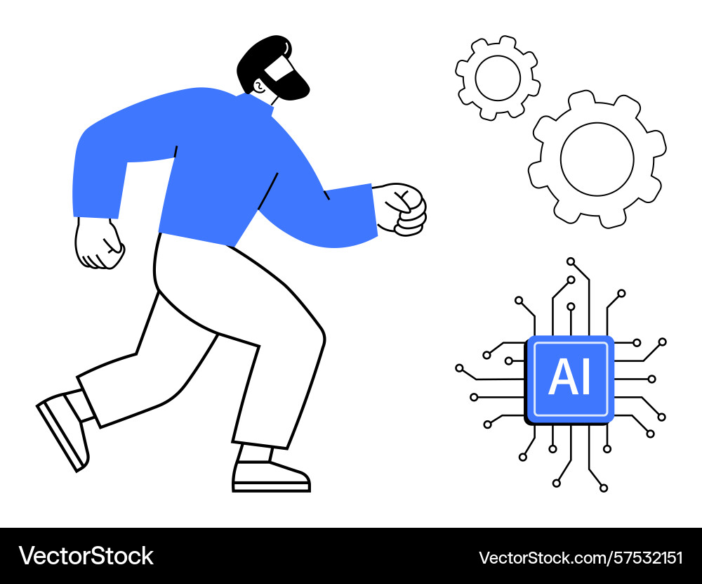 Man walking with gears and ai chip representing Man walking with gears and ai chip representing vector image