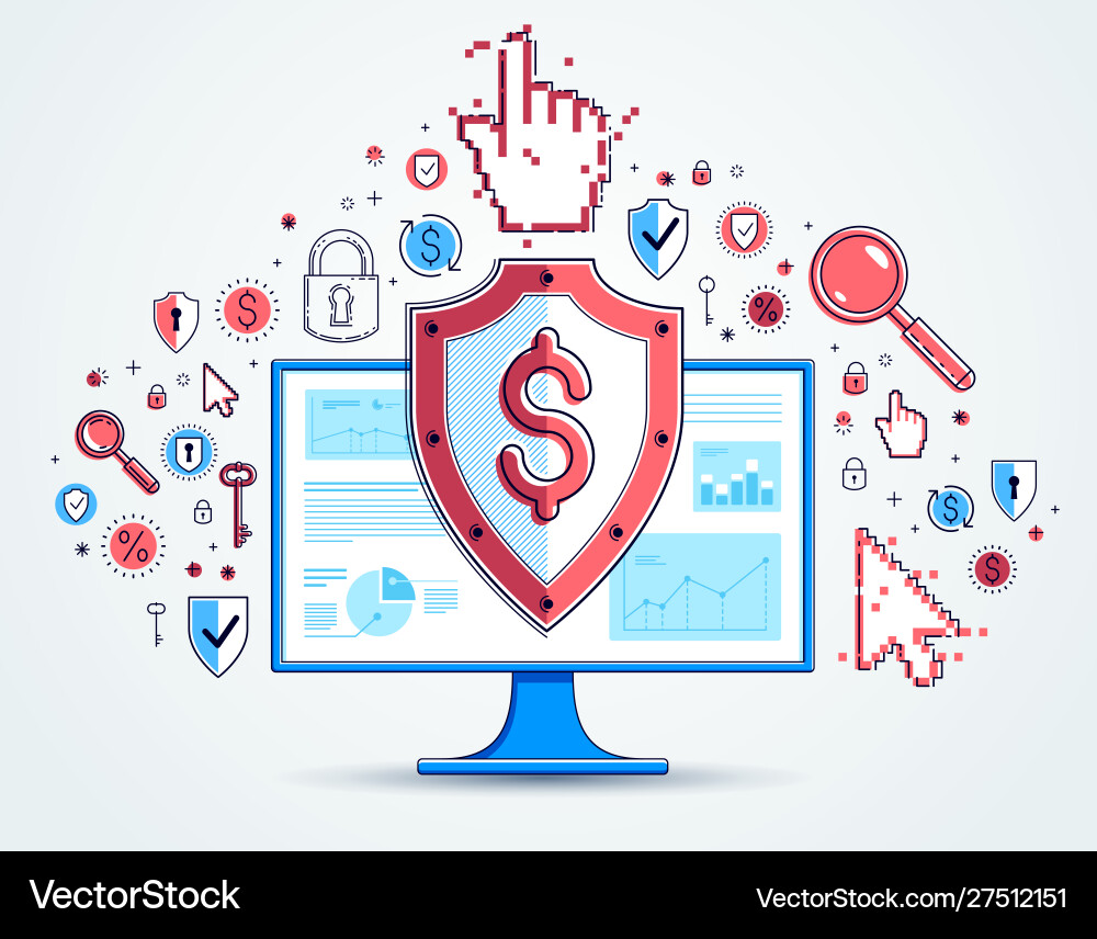 Shield over computer monitor and dollar set Shield over computer monitor and dollar set vector image
